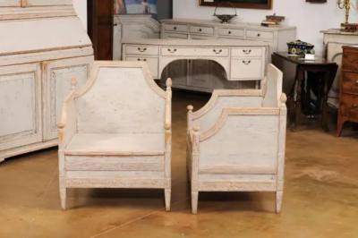 Neoclassical Style 1850s Gray Painted and Carved Armchairs with Guilloches Pair