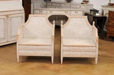 Neoclassical Style 1850s Gray Painted and Carved Armchairs with Guilloches Pair