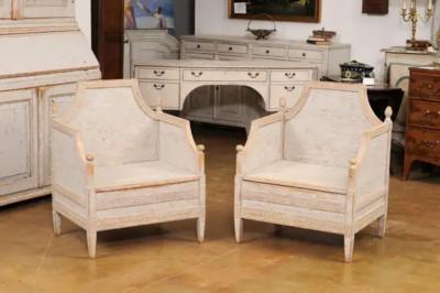 Neoclassical Style 1850s Gray Painted and Carved Armchairs with Guilloches Pair