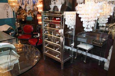 Neoclassical Style 6 Drawer Beveled Mirrored Highboy