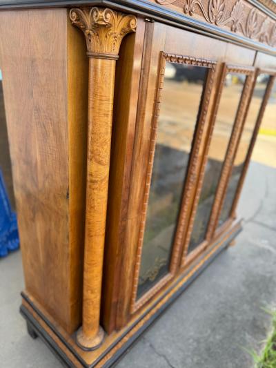 Neoclassical Style Burlwood Lighted Vitrine w Roman columns and Carved Crest