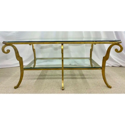 Neoclassical Style Large Gilt Metal Frame Coffee Table Glass Top French