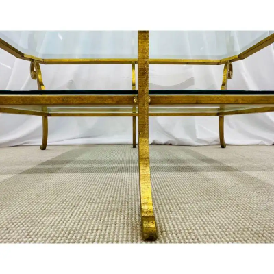 Neoclassical Style Large Gilt Metal Frame Coffee Table Glass Top French