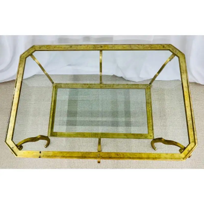 Neoclassical Style Large Gilt Metal Frame Coffee Table Glass Top French