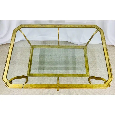 Neoclassical Style Large Gilt Metal Frame Coffee Table Glass Top French