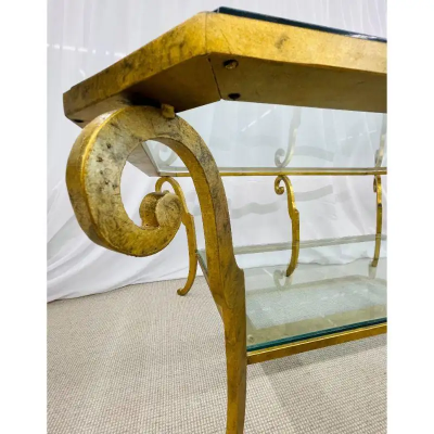 Neoclassical Style Large Gilt Metal Frame Coffee Table Glass Top French