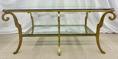 Neoclassical Style Large Gilt Metal Frame Coffee Table Glass Top French