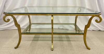 Neoclassical Style Large Gilt Metal Frame Coffee Table Glass Top French