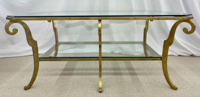 Neoclassical Style Large Gilt Metal Frame Coffee Table Glass Top French