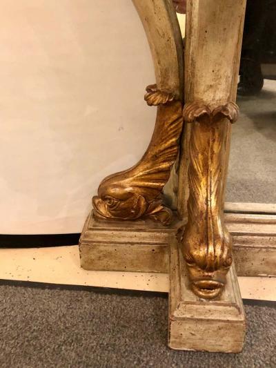 Neoclassical Style Marble Top Bowed Table Mirrored Back Gilded Dolphin Accents
