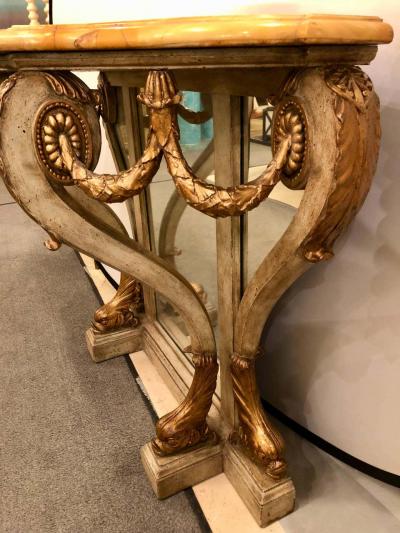 Neoclassical Style Marble Top Bowed Table Mirrored Back Gilded Dolphin Accents