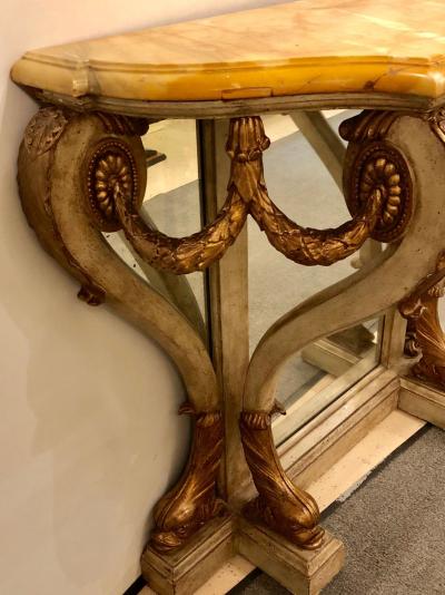 Neoclassical Style Marble Top Bowed Table Mirrored Back Gilded Dolphin Accents