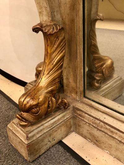 Neoclassical Style Marble Top Bowed Table Mirrored Back Gilded Dolphin Accents