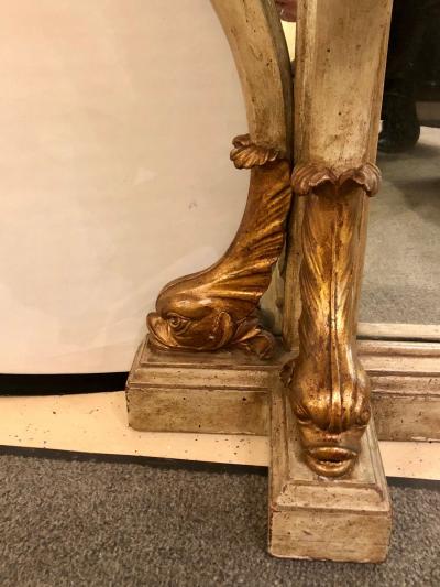 Neoclassical Style Marble Top Bowed Table Mirrored Back Gilded Dolphin Accents
