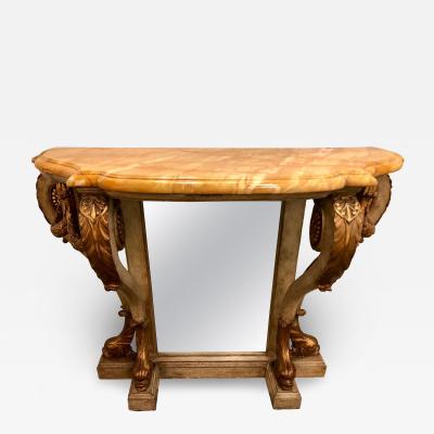 Neoclassical Style Marble Top Bowed Table Mirrored Back Gilded Dolphin Accents