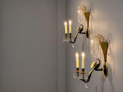 Neoclassical Style Swan Sconces Gilt Metal Crystal France 1930s
