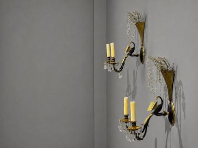 Neoclassical Style Swan Sconces Gilt Metal Crystal France 1930s