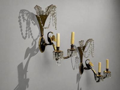 Neoclassical Style Swan Sconces Gilt Metal Crystal France 1930s