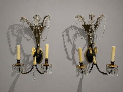 Neoclassical Style Swan Sconces Gilt Metal Crystal France 1930s