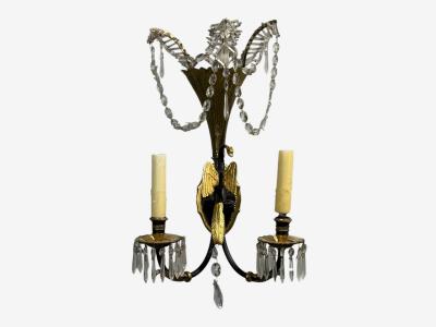 Neoclassical Style Swan Sconces Gilt Metal Crystal France 1930s