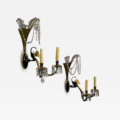 Neoclassical Style Swan Sconces Gilt Metal Crystal France 1930s