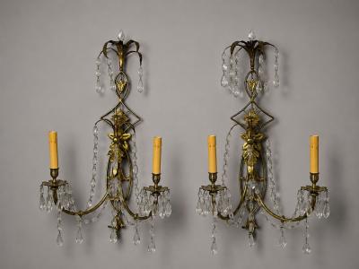 Neoclassical Style Wall Sconces Bronze Crystal France 1950s