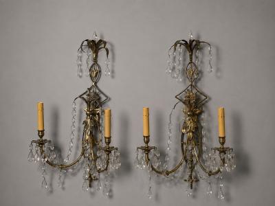 Neoclassical Style Wall Sconces Bronze Crystal France 1950s