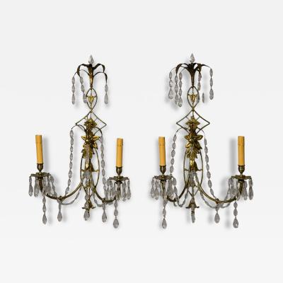 Neoclassical Style Wall Sconces Bronze Crystal France 1950s