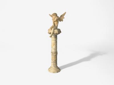 Neoclassical Winged Angel On Pillow Alabaster Statue on Pedestal Italy 1920s