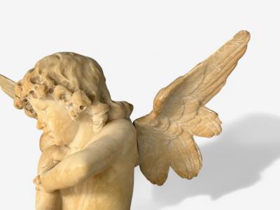 Neoclassical Winged Angel On Pillow Alabaster Statue on Pedestal Italy 1920s