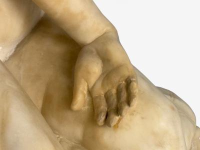 Neoclassical Winged Angel On Pillow Alabaster Statue on Pedestal Italy 1920s