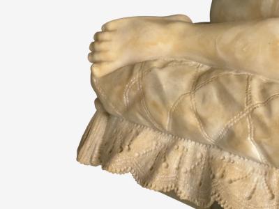 Neoclassical Winged Angel On Pillow Alabaster Statue on Pedestal Italy 1920s