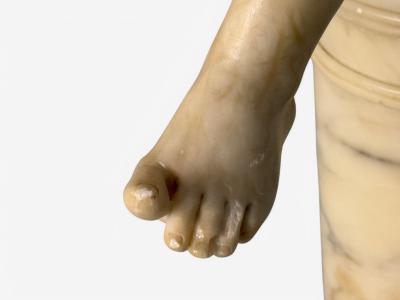 Neoclassical Winged Angel On Pillow Alabaster Statue on Pedestal Italy 1920s