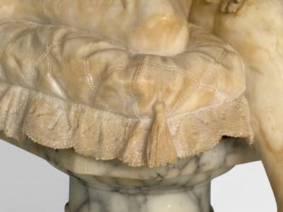 Neoclassical Winged Angel On Pillow Alabaster Statue on Pedestal Italy 1920s