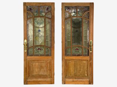 Neoclassical Wood Art Glass Large Stained Glass Doors Italy 1930s