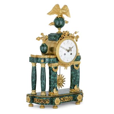 Neoclassical style French malachite and gilt bronze mantel clock