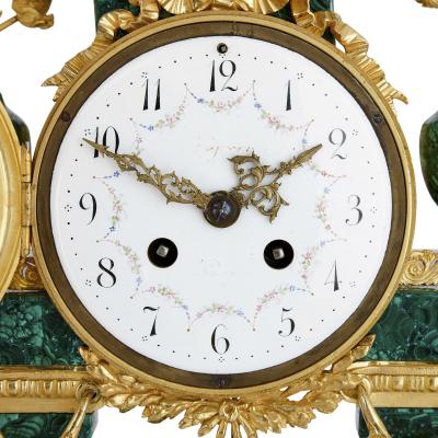 Neoclassical style French malachite and gilt bronze mantel clock
