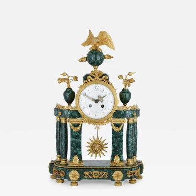 Neoclassical style French malachite and gilt bronze mantel clock