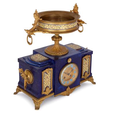 Neoclassical style gilt bronze enamel and lapis lazuli mantel clock