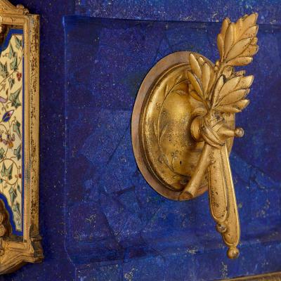 Neoclassical style gilt bronze enamel and lapis lazuli mantel clock