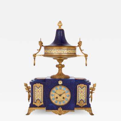 Neoclassical style gilt bronze enamel and lapis lazuli mantel clock