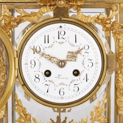 Neoclassical style gilt bronze mounted glass and marble mantel clock