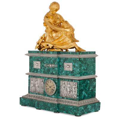 Neoclassical style malachite silvered and gilt bronze clock set