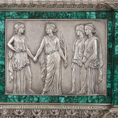 Neoclassical style malachite silvered and gilt bronze clock set