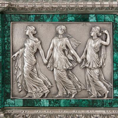 Neoclassical style malachite silvered and gilt bronze clock set