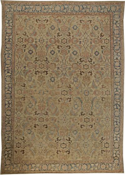 Neutral Beige Soft Blues and Pinks Antique Persian Malayer Rug