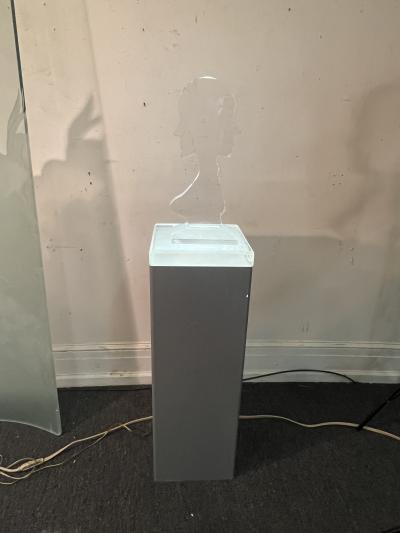 Nicola L ILLUMINATED LUCITE MALE FEMALE ON GREY LUCITE PEDESTAL IN THE MANNER OF NICOLA