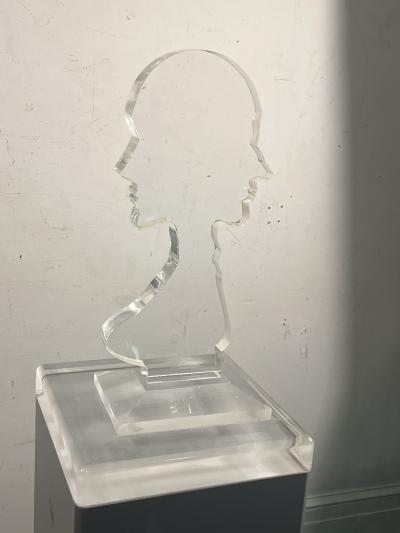 Nicola L ILLUMINATED LUCITE MALE FEMALE ON GREY LUCITE PEDESTAL IN THE MANNER OF NICOLA
