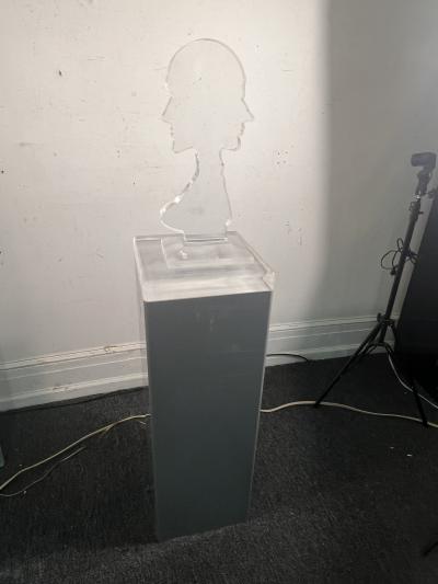 Nicola L ILLUMINATED LUCITE MALE FEMALE ON GREY LUCITE PEDESTAL IN THE MANNER OF NICOLA