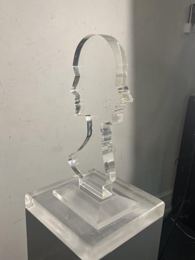 Nicola L ILLUMINATED LUCITE MALE FEMALE ON GREY LUCITE PEDESTAL IN THE MANNER OF NICOLA